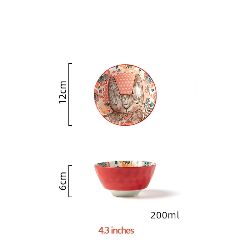 Hand-Painted Rabbit Ceramic Bowl and Plate