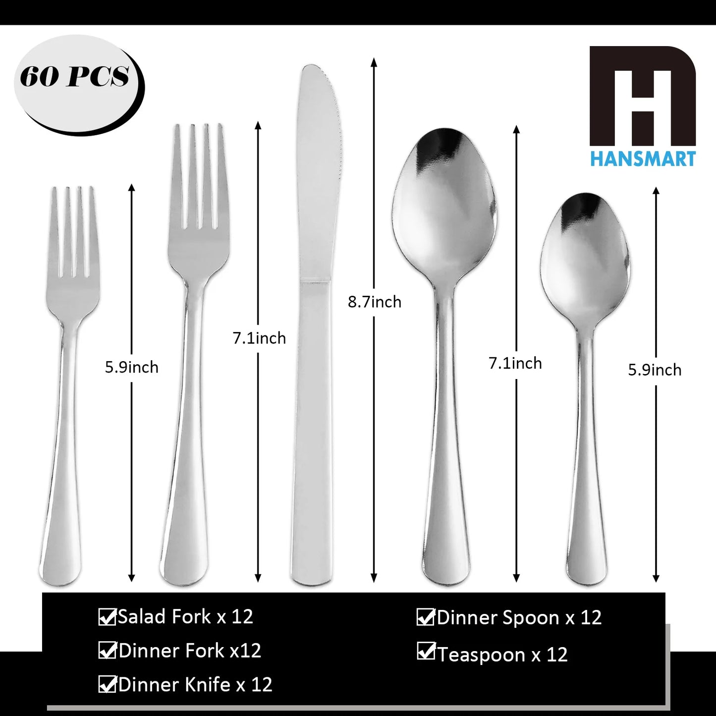 60-Piece Ribbed Stainless Steel Flatware Set