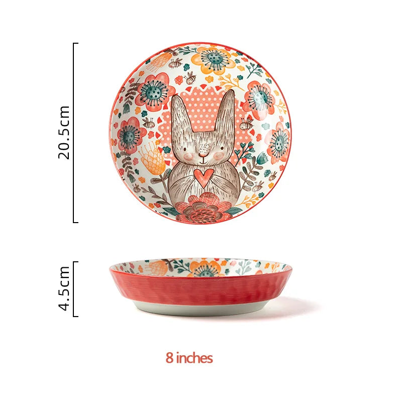 Hand-Painted Rabbit Ceramic Bowl and Plate