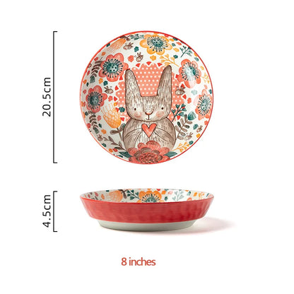 Hand-Painted Rabbit Ceramic Bowl and Plate