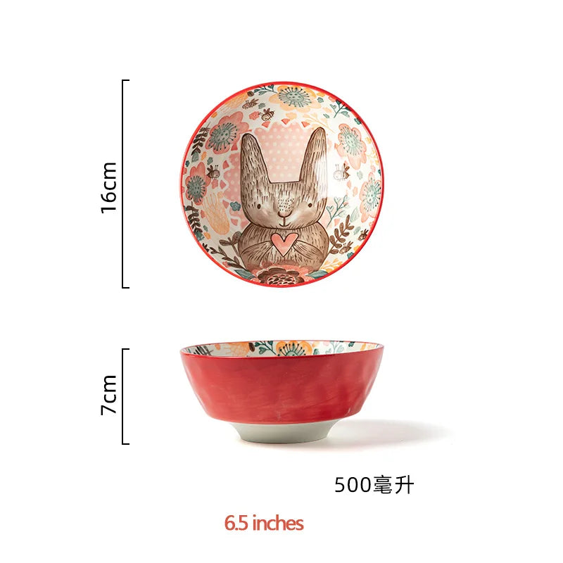 Hand-Painted Rabbit Ceramic Bowl and Plate