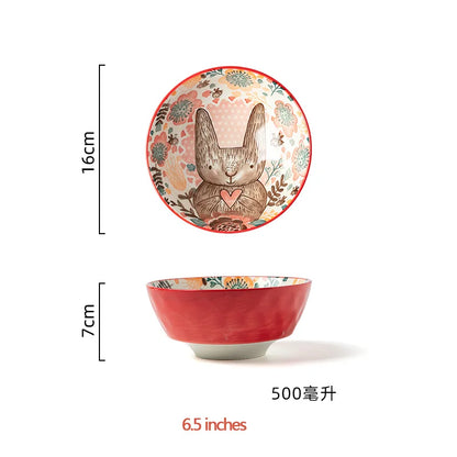 Hand-Painted Rabbit Ceramic Bowl and Plate