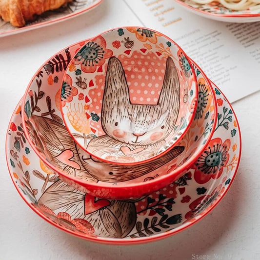 Hand-Painted Rabbit Ceramic Bowl and Plate