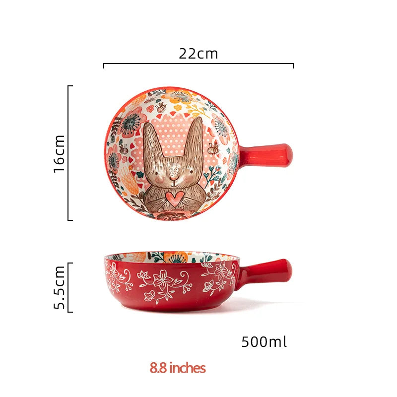 Hand-Painted Rabbit Ceramic Bowl and Plate