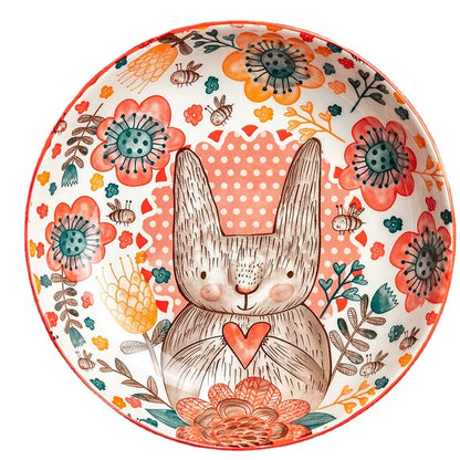 Hand-Painted Rabbit Ceramic Bowl and Plate