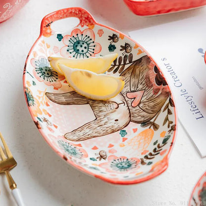 Hand-Painted Rabbit Ceramic Bowl and Plate