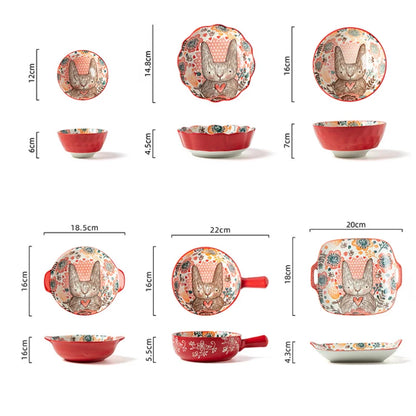 Hand-Painted Rabbit Ceramic Bowl and Plate