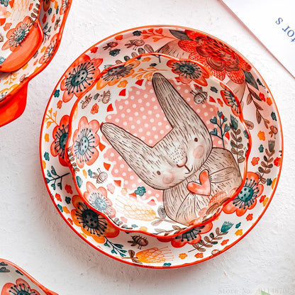 Hand-Painted Rabbit Ceramic Bowl and Plate