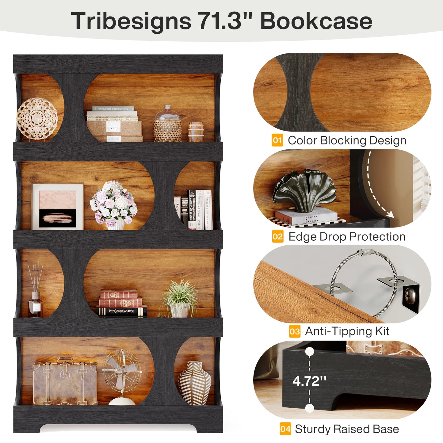 71-Inch 4-Tier S-Shaped Bookcase