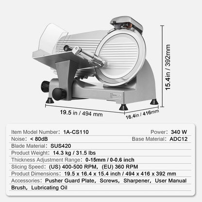 Adjustable 8/10-Inch Electric Meat Slicer