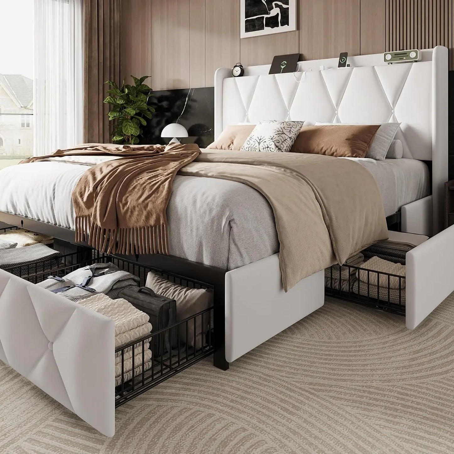 Queen Storage Bed Frame with Charging Station