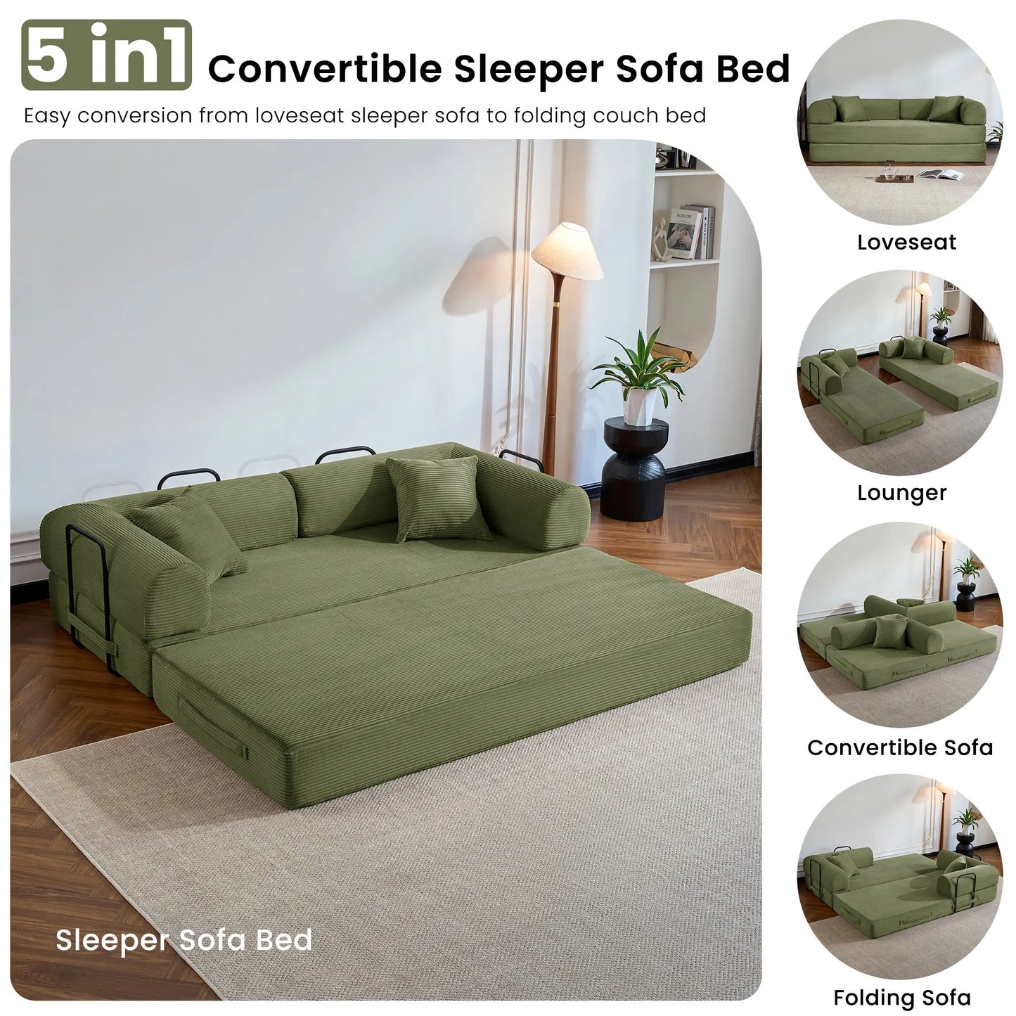 79-Inch Convertible Corduroy Sofa Bed