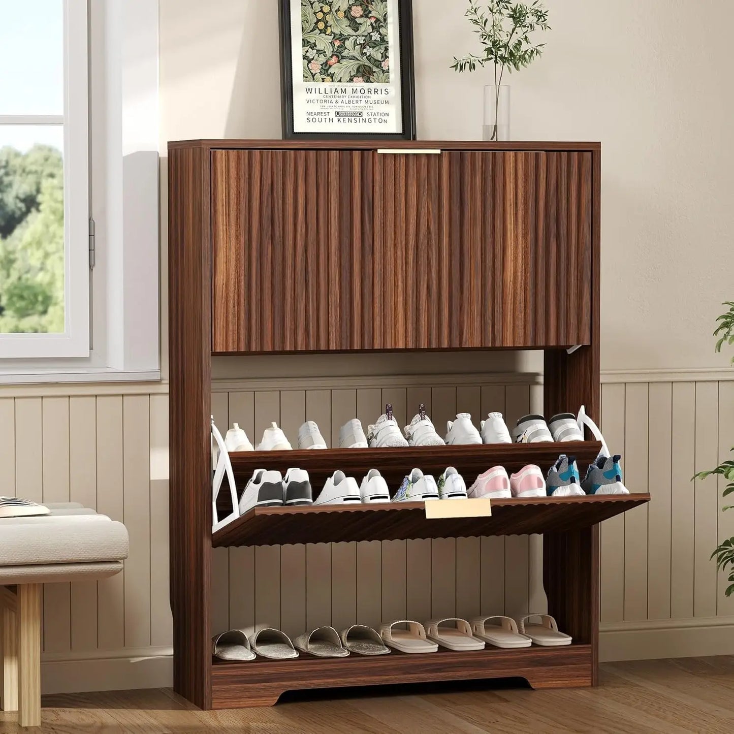 Slim Shoe Cabinet with Two Flip Drawers