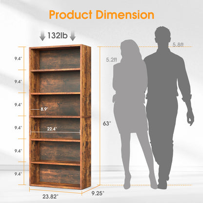 63-Inch 6-Shelf Wooden Bookcase