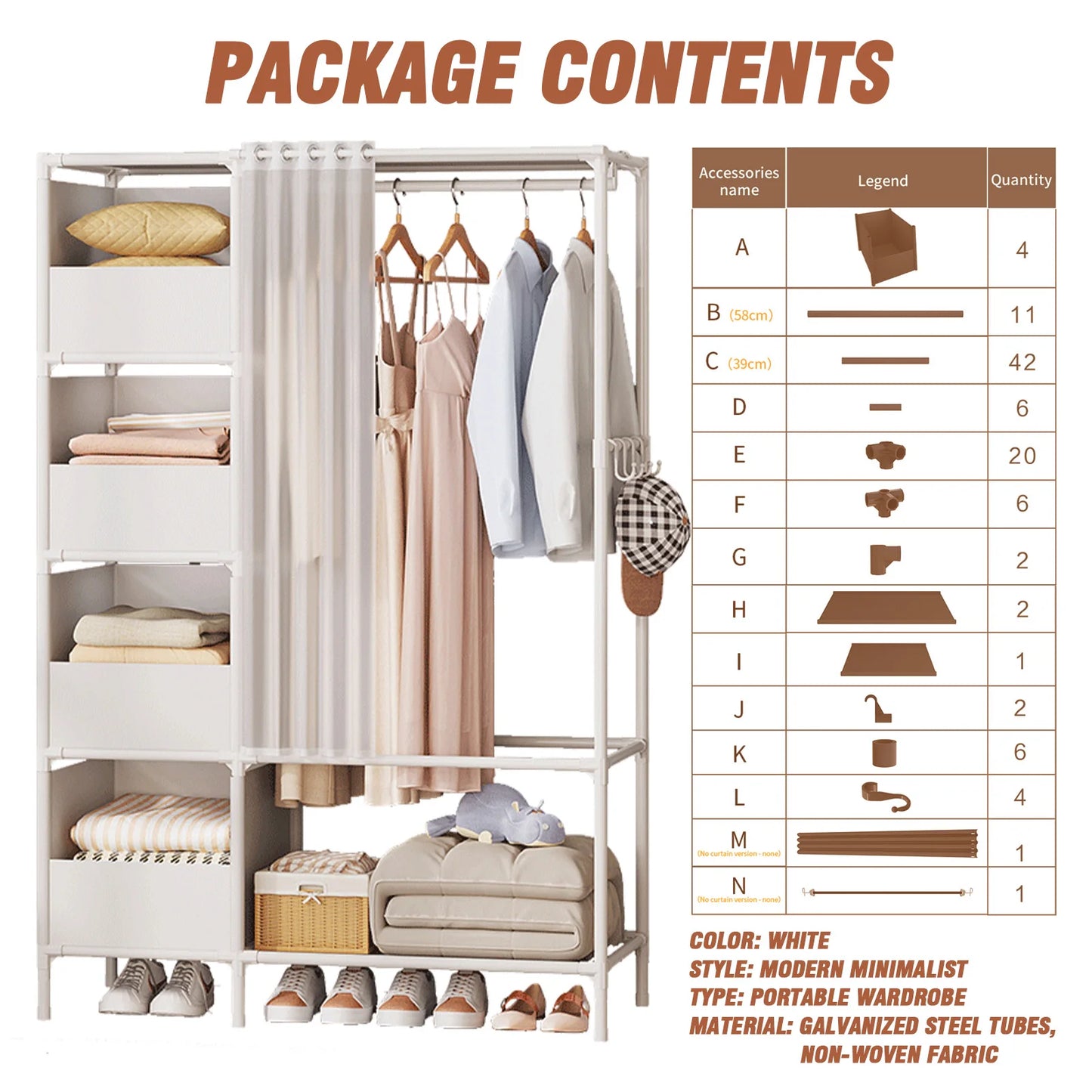 Portable Fabric Wardrobe with Four Drawers