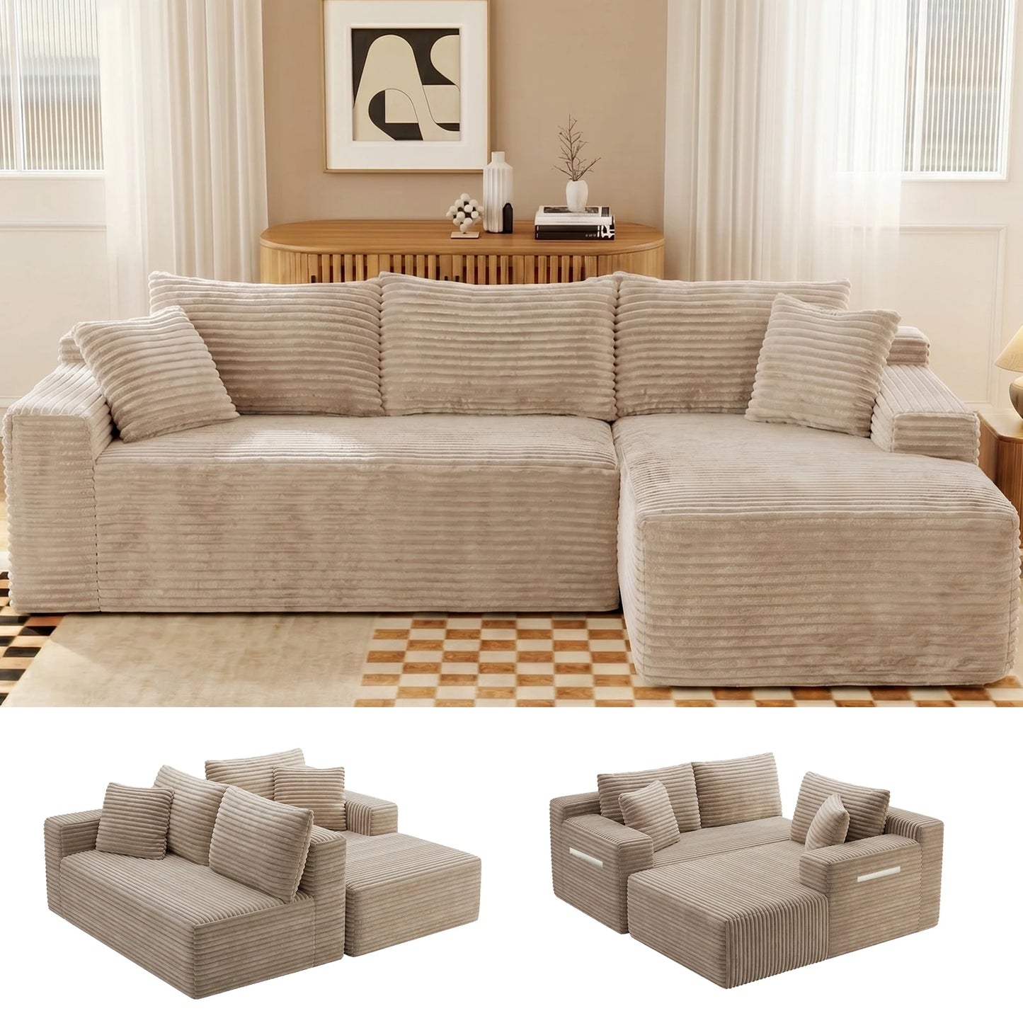 94.5-Inch Modular Corduroy Sectional Sofa