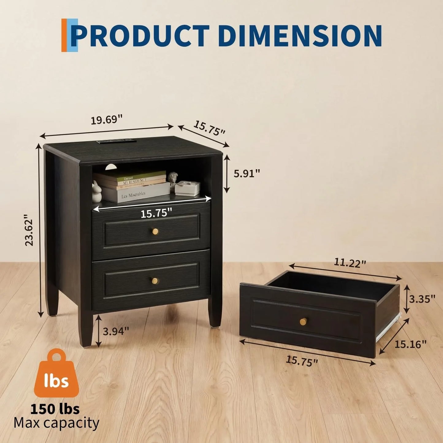 Two-Drawer Nightstand with Charging Station