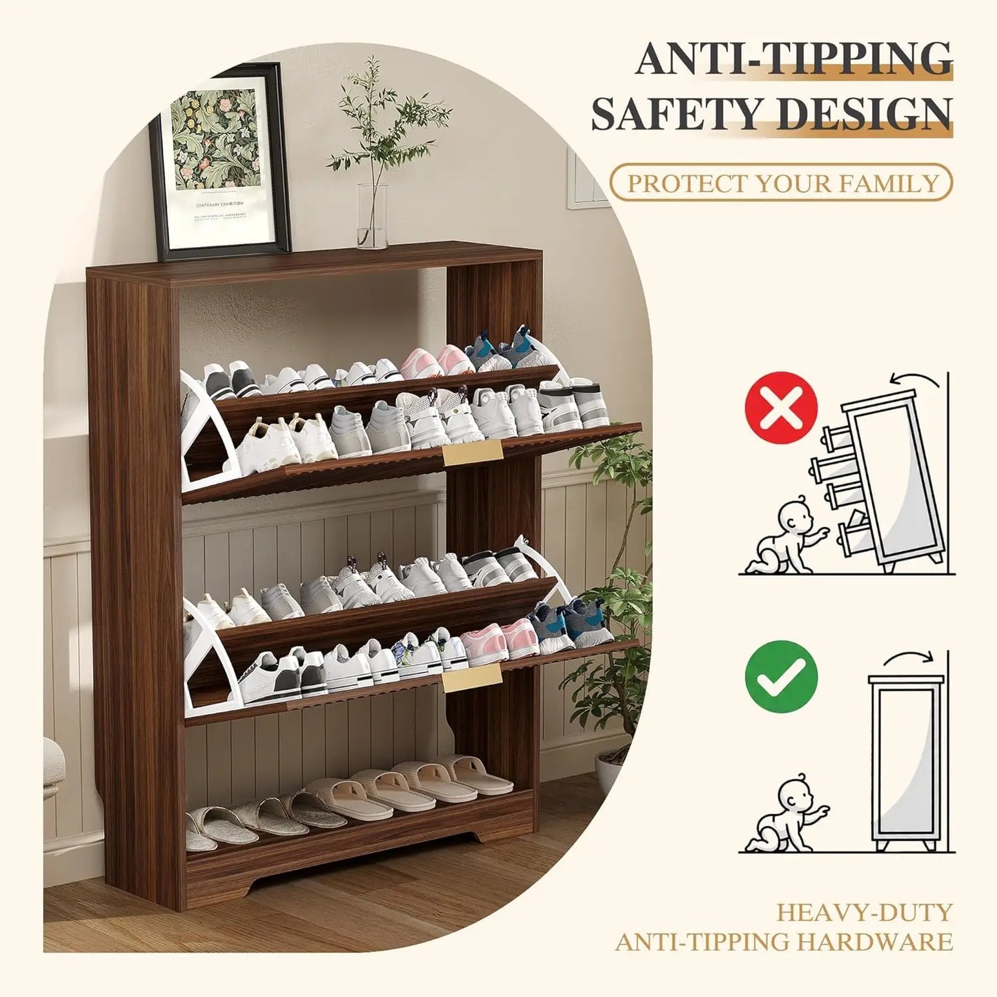 Slim Shoe Cabinet with Two Flip Drawers