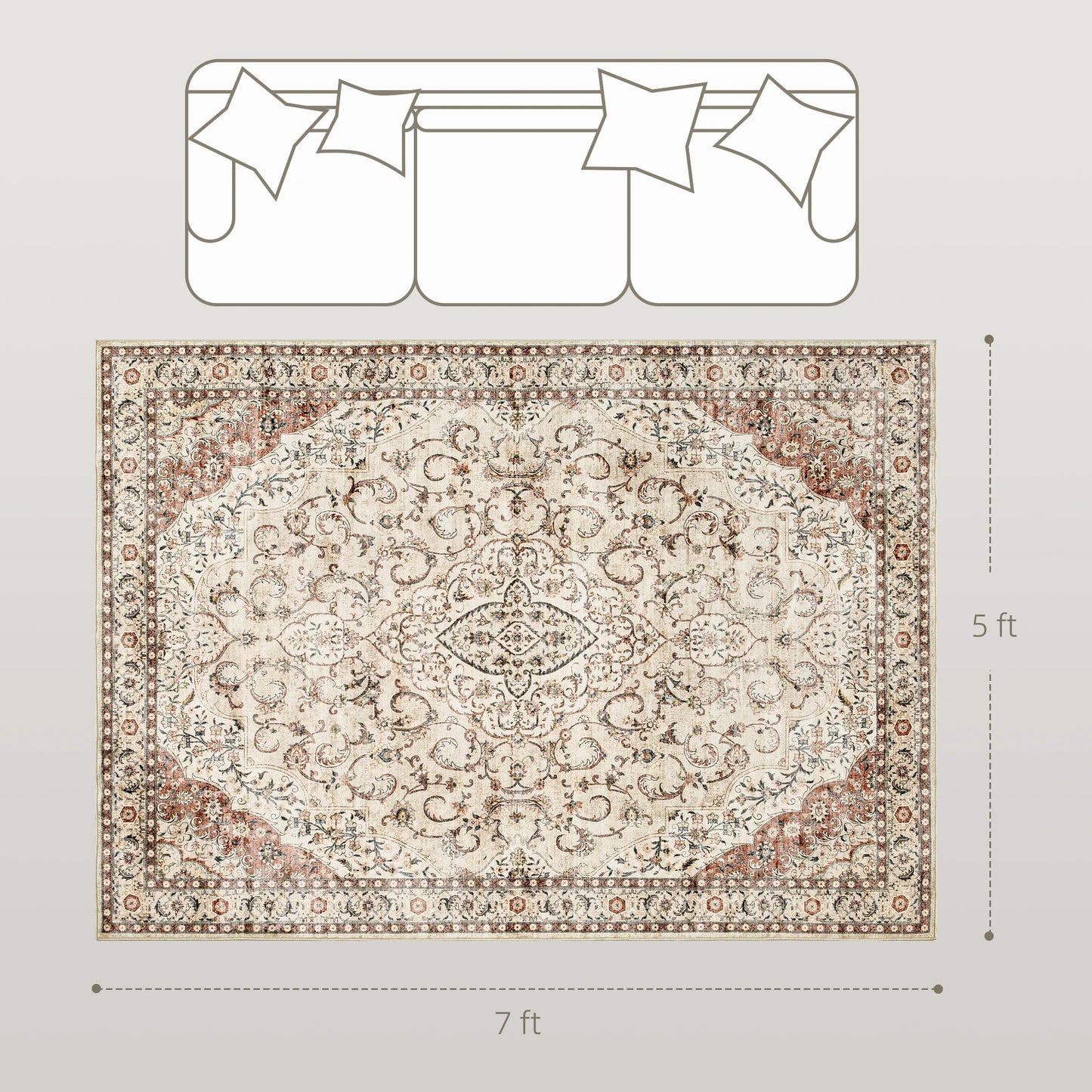 5 x 7-Foot Washable Vintage Medallion Area Rug