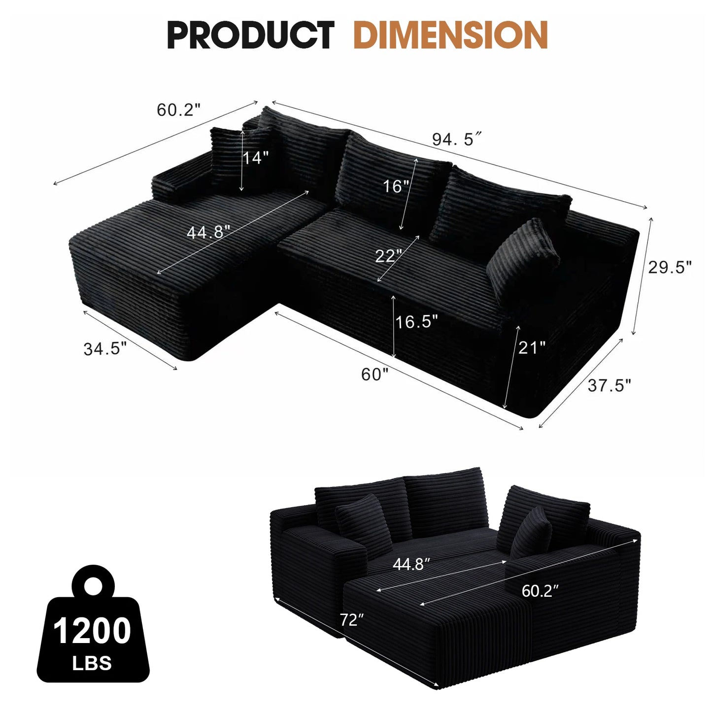 94.5-Inch Modular Corduroy Sectional Sofa