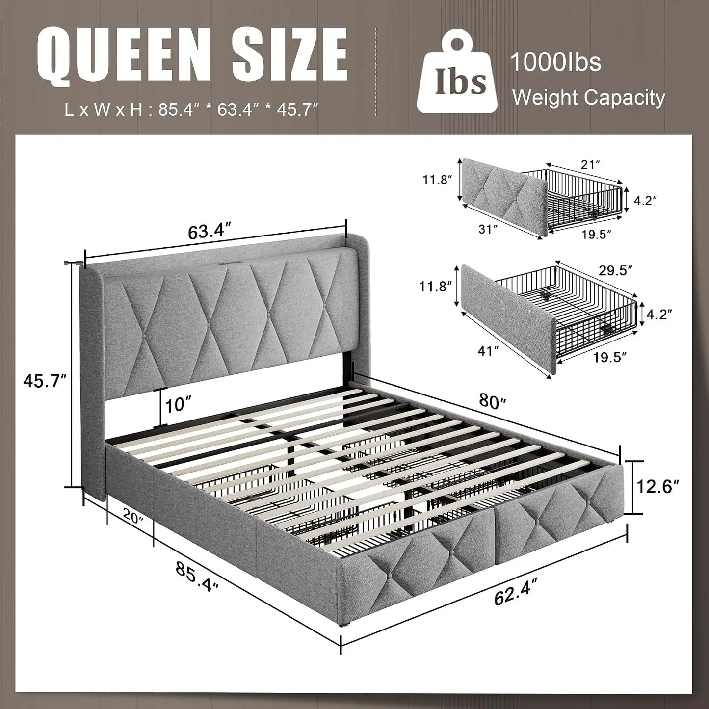 Queen Storage Bed Frame with Charging Station