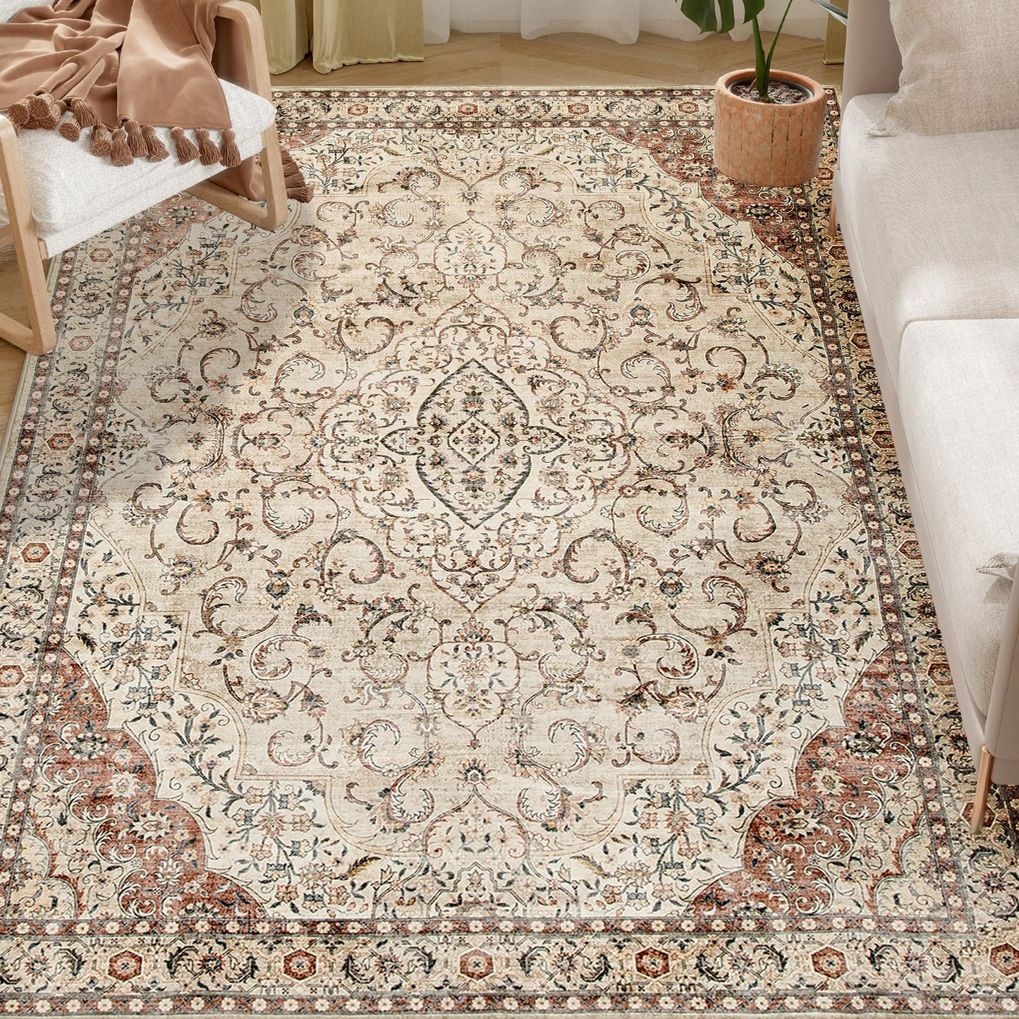 5 x 7-Foot Washable Vintage Medallion Area Rug