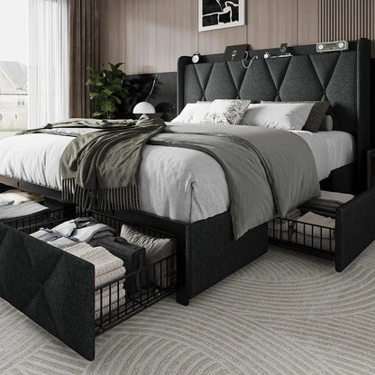 Queen Storage Bed Frame with Charging Station