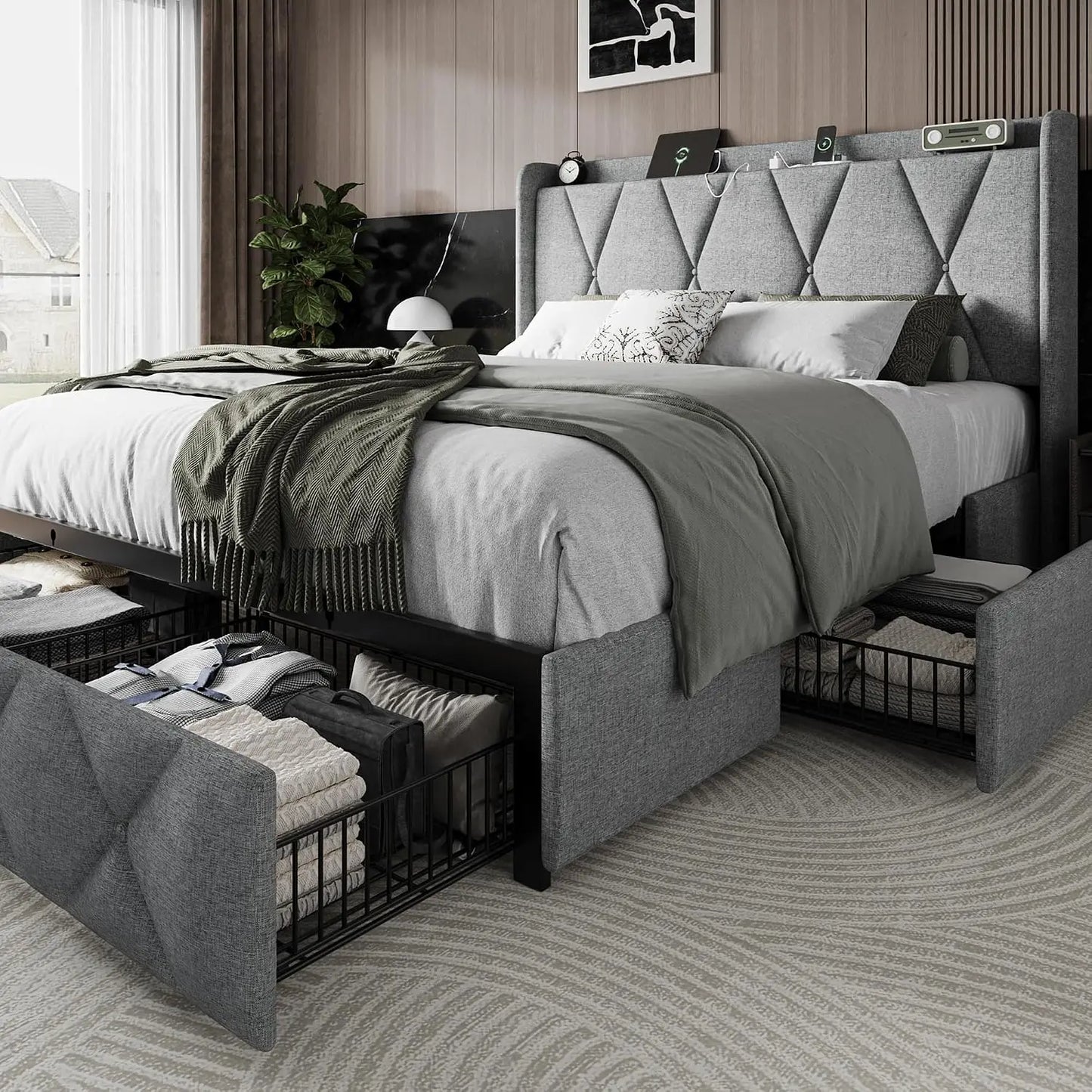 Queen Storage Bed Frame with Charging Station