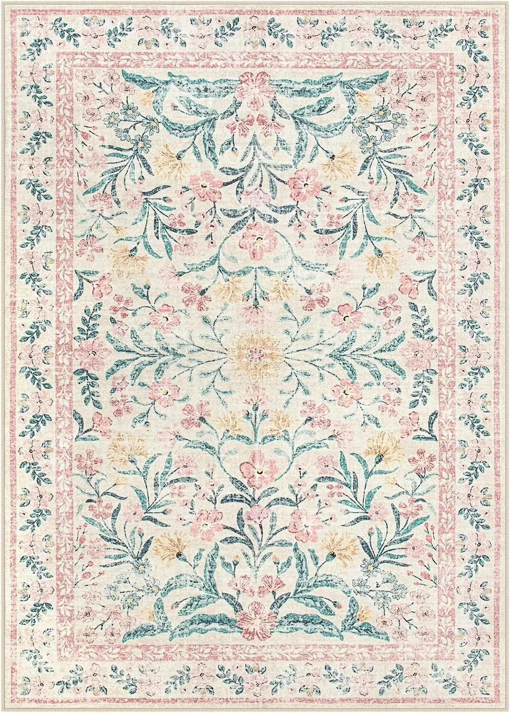 Washable Pink Floral Area Rug