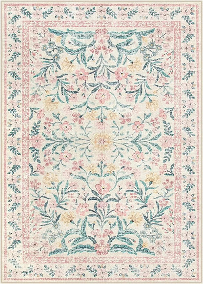 Washable Pink Floral Area Rug