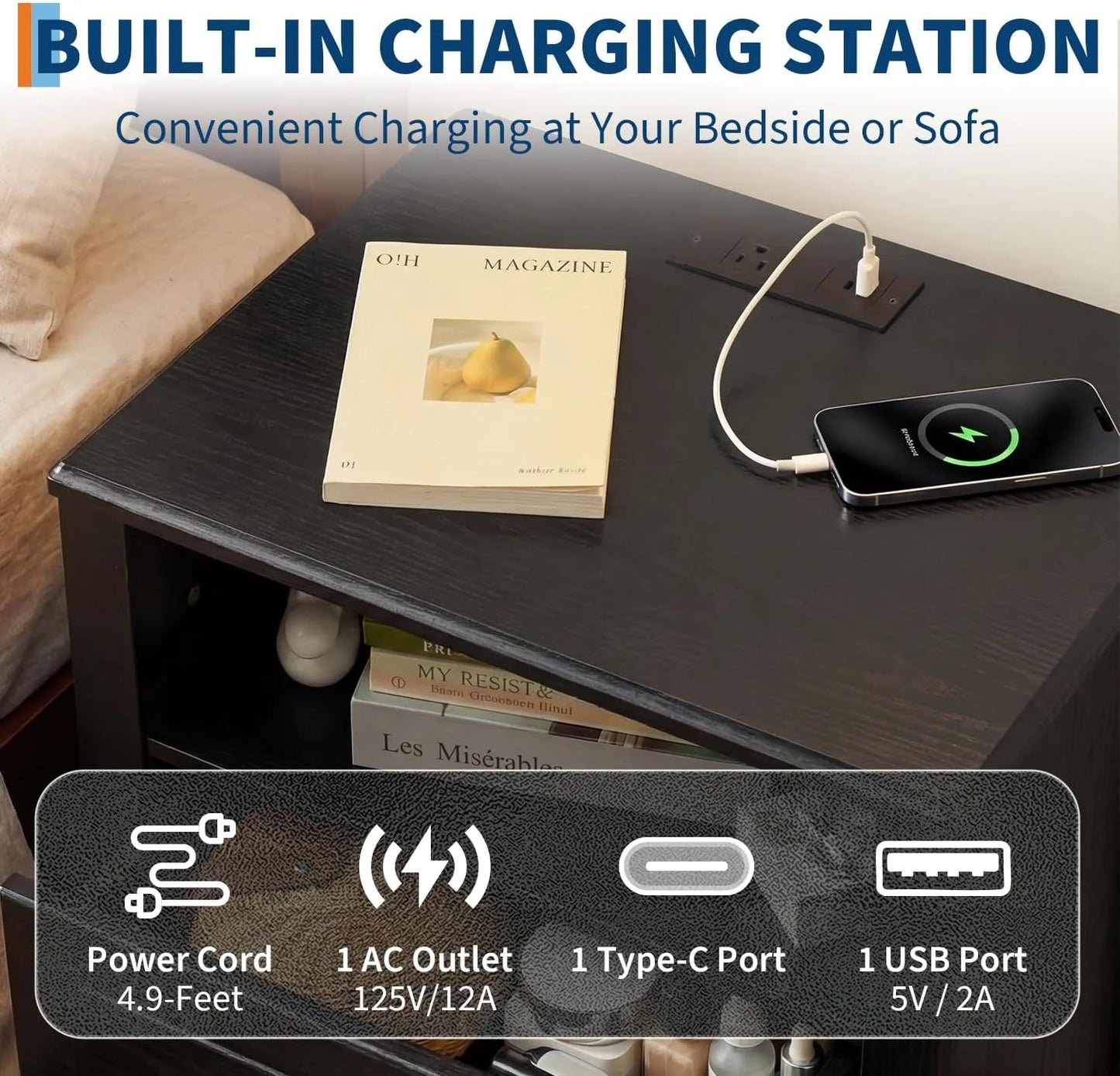 Two-Drawer Nightstand with Charging Station