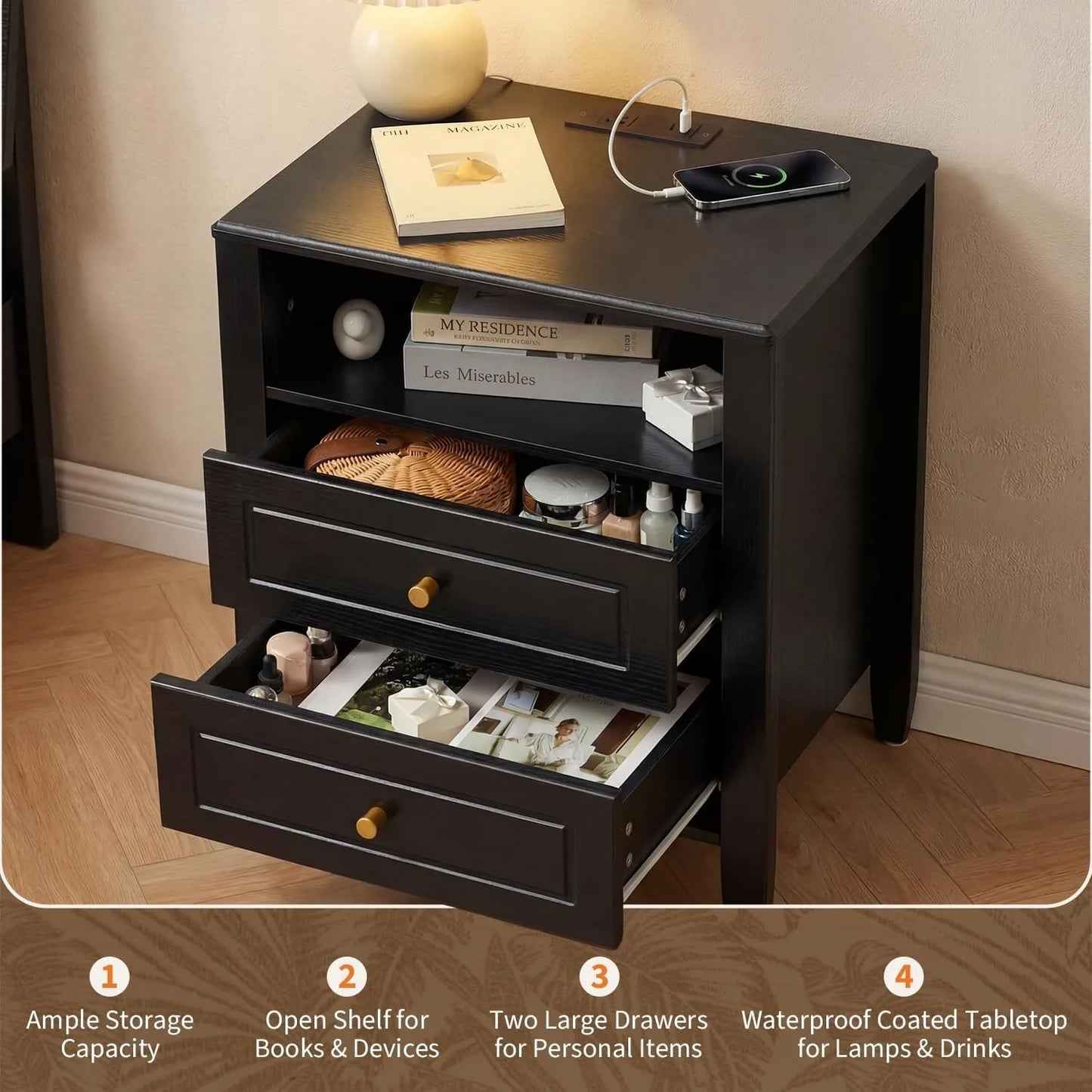 Two-Drawer Nightstand with Charging Station