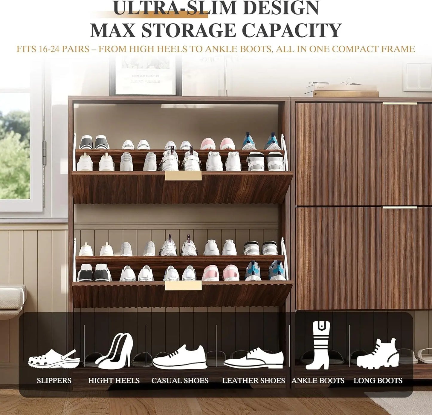 Slim Shoe Cabinet with Two Flip Drawers