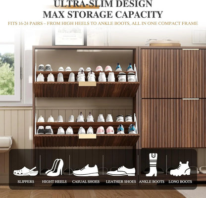 Slim Shoe Cabinet with Two Flip Drawers