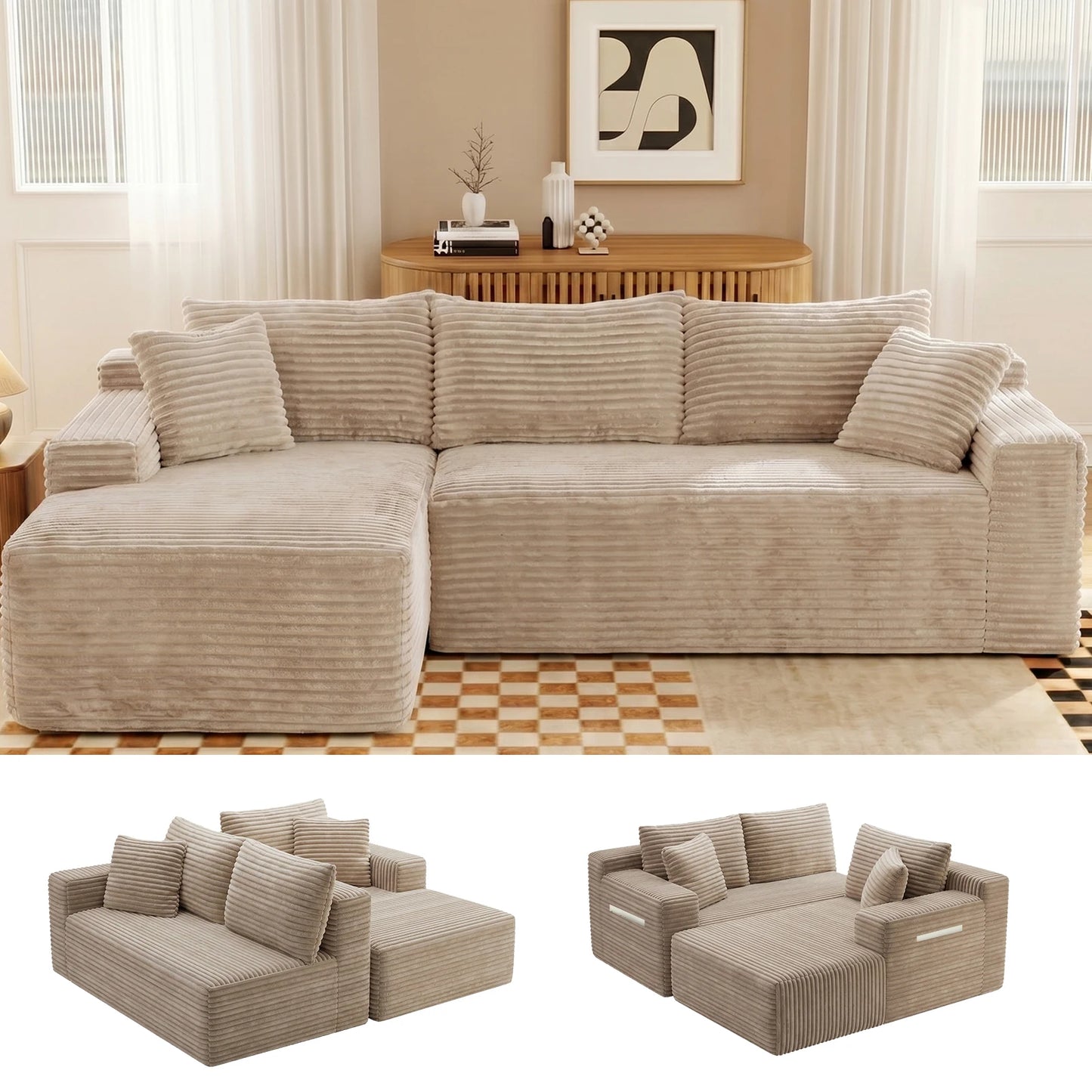 94.5-Inch Modular Corduroy Sectional Sofa