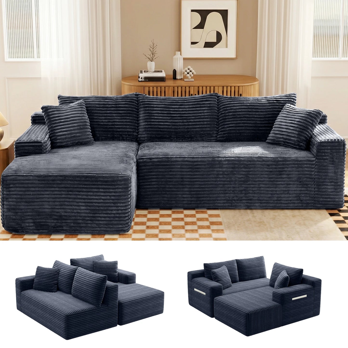 94.5-Inch Modular Corduroy Sectional Sofa