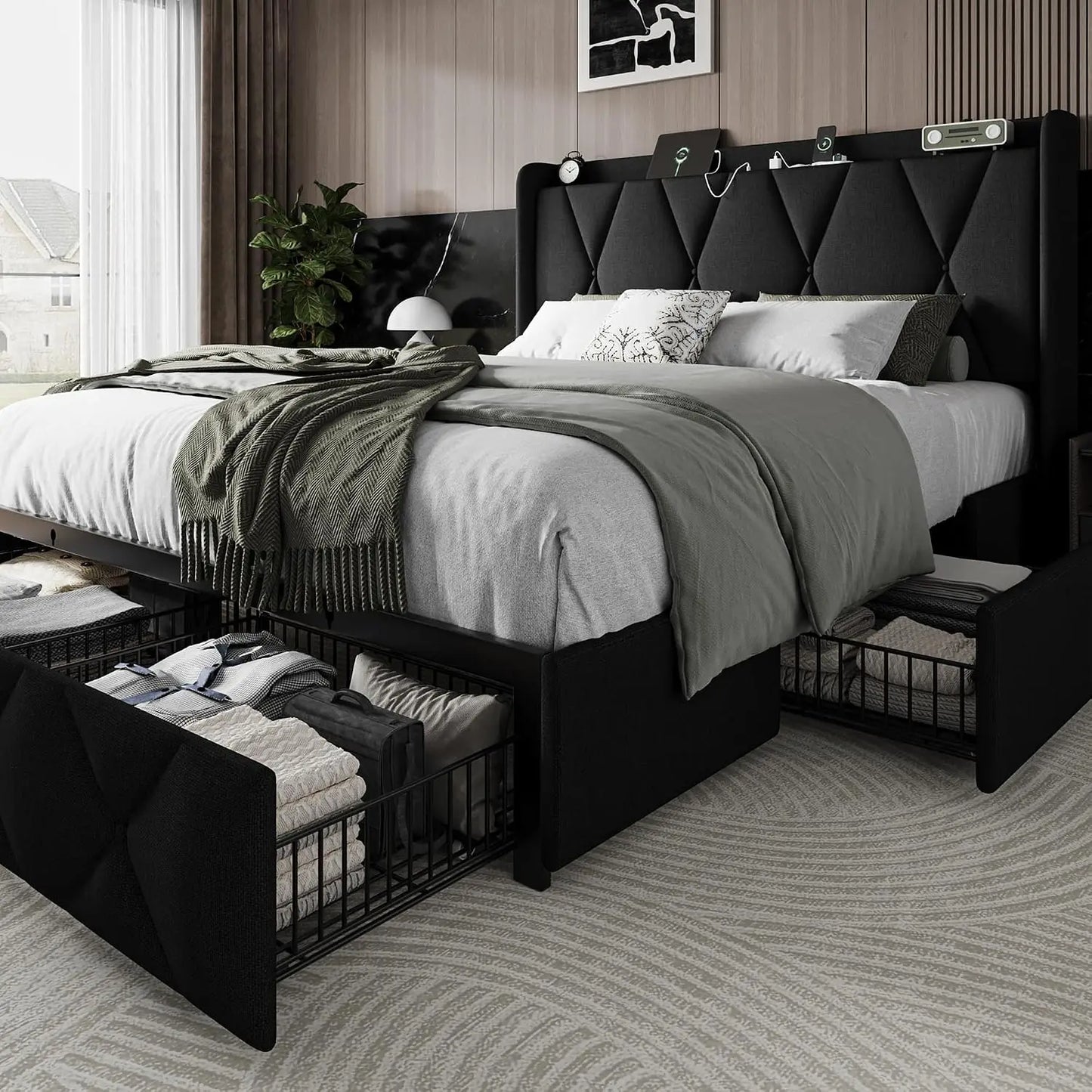 Queen Storage Bed Frame with Charging Station